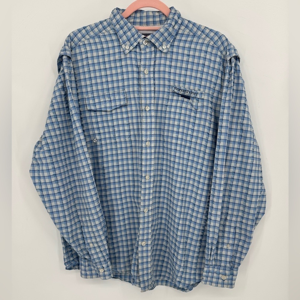 Vineyard Vines Men's Blue and White Plaid Harbor Long Sleeve Shirt Size Large